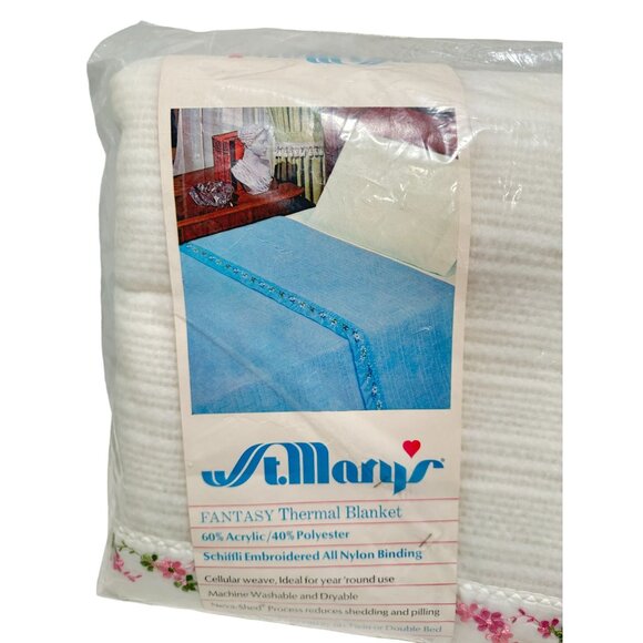 Vtg St. Mary’s Fantasy Floral Thermal Blanket White 72 x 90 Twin or Double Bed - Picture 2 of 6